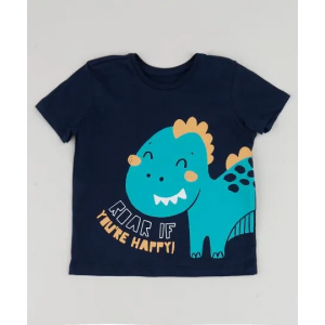 Camiseta Infantil Dinossauro Youre Happy! Manga Curta Azul Marinho Camiseta Infantil Dinossauro Youre Happy! Manga Curta Azul Marinho