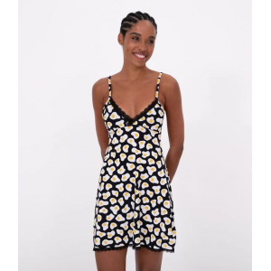 Camisola Alcinha Estampa Eggs com Renda em Microfibra Preto Camisola Alcinha Estampa Eggs com Renda em Microfibra Preto