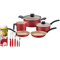 Jogo De Panelas 5 peças Turim Vermelho + Faqueiro 30 Peças Ipanema Tramontina Jogo De Panelas 5 peças Turim Vermelho + Faqueiro 30 Peças Ipanema Tramontina