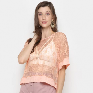 Blusa Vide Bula Renda Manga Curta Feminina - Coral Blusa Vide Bula Renda Manga Curta Feminina - Coral