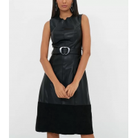 Vestido Liso com Cinto em Material Sintético Preto Vestido Liso com Cinto em Material Sintético Preto