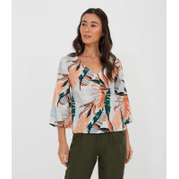 Blusa Manga Longa Estampa Folhagem com Botões Branco PP Blusa Manga Longa Estampa Folhagem com Botões Branco PP