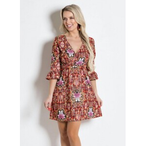 Vestido Xadrez/Flor Mangas 7/8 Abertura Sino Vestido Xadrez/Flor Mangas 7/8 Abertura Sino