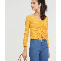 Blusa Feminina Canelada Listrada Amarração Manga Longa Amarelo Blusa Feminina Canelada Listrada Amarração Manga Longa Amarelo