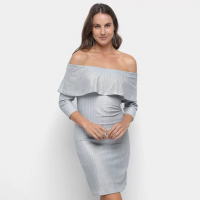 Vestido Ombro a Ombro Malwee Midi Metalizado - Cinza Vestido Ombro a Ombro Malwee Midi Metalizado - Cinza
