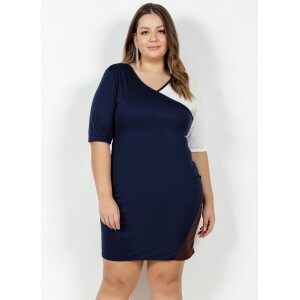Vestido Curto Marinho com Mangas 3/4 Plus Size - Marguerite Vestido Curto Marinho com Mangas 3/4 Plus Size - Marguerite
