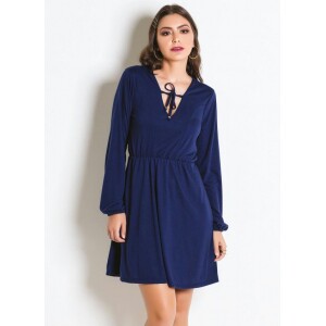 Vestido Marinho com Mangas Longas e Amarração Vestido Marinho com Mangas Longas e Amarração