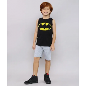 Conjunto Infantil Batman de Regata Preta + Bermuda em Moletom Cinza Mescla Conjunto Infantil Batman de Regata Preta + Bermuda em Moletom Cinza Mescla