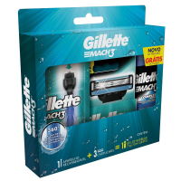 Kit Aparelho de Barbear Gillette Mach3 Acqua-Grip + 3 Cargas + Gel de Barbear Complete Defense 72ml Kit Aparelho de Barbear Gillette Mach3 Acqua-Grip + 3 Cargas + Gel de Barbear Complete Defense 72ml