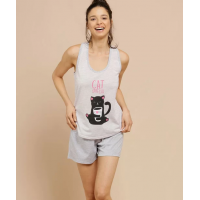 Pijama Feminino Listrado Gato sem Manga Pijama Feminino Listrado Gato sem Manga