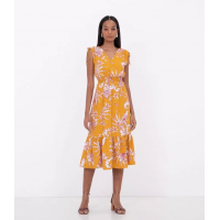 Vestido Floral com Alça Franzida e Babados Amarelo Vestido Floral com Alça Franzida e Babados Amarelo