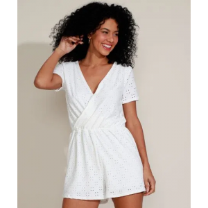 Macaquinho de Laise Feminino Manga Curta Off White Macaquinho de Laise Feminino Manga Curta Off White