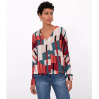 Blusa Manga Longa Estampa Geométrica com Decote V e Botões Blusa Manga Longa Estampa Geométrica com Decote V e Botões