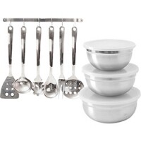 Jogo de Potes Inox com Tampa 3 peças + Jogo de Utensílios Inox 6 peças - La Cuisine Jogo de Potes Inox com Tampa 3 peças + Jogo de Utensílios Inox 6 peças - La Cuisine