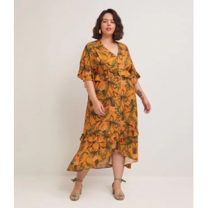 Vestido Midi em Viscose Estampa Abacaxis com Barra Assimétrica Curve & Plus Size Vestido Midi em Viscose Estampa Abacaxis com Barra Assimétrica Curve & Plus Size
