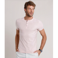 Camiseta Masculina Slim Fit Manga Curta Gola Portuguesa Rosa Claro Camiseta Masculina Slim Fit Manga Curta Gola Portuguesa Rosa Claro