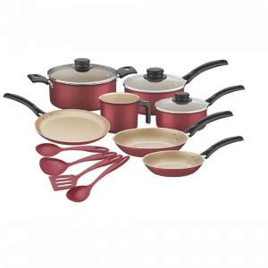 Kit Jogo de Panelas Tramontina Turim Vermelho Escuro em Alumínio e Utensílios em Nylon 11 Peças Kit Jogo de Panelas Tramontina Turim Vermelho Escuro em Alumínio e Utensílios em Nylon 11 Peças
