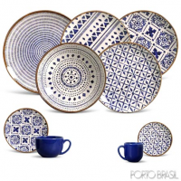 Aparelho de Jantar com 42 Peças Asteca Cru e Azul - Porto Brasil Aparelho de Jantar com 42 Peças Asteca Cru e Azul - Porto Brasil