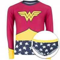Conjunto Camiseta Manga Longa Proteção Solar UV e Sunkini Liga da Justiça Mulher-Maravilha Infantil Conjunto Camiseta Manga Longa Proteção Solar UV e Sunkini Liga da Justiça Mulher-Maravilha Infantil