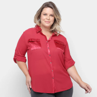 Camisa Social Heli Manga Longa Lisa Plus Size Feminina - Vermelho Camisa Social Heli Manga Longa Lisa Plus Size Feminina - Vermelho