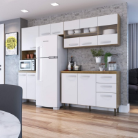 Cozinha Compacta 4 Peças Balcão com Tampo 3 Portas de Vidro Malta Frappe Móveis Sinai/Branco Cozinha Compacta 4 Peças Balcão com Tampo 3 Portas de Vidro Malta Frappe Móveis Sinai/Branco