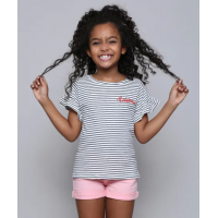 Blusa Infantil Listrada com Bordado e Babado Manga Curta Off White Blusa Infantil Listrada com Bordado e Babado Manga Curta Off White