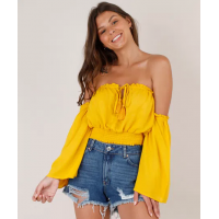 Blusa Feminina Cropped Ombro a Ombro Manga Longa Amarela Blusa Feminina Cropped Ombro a Ombro Manga Longa Amarela