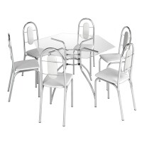 Conjunto Mesa de Jantar com Tampo em Vidro e 6 Cadeiras Cromado e Branco Móveis Brastubo News Sicilia Conjunto Mesa de Jantar com Tampo em Vidro e 6 Cadeiras Cromado e Branco Móveis Brastubo News Sicilia