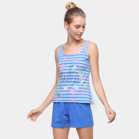 Pijama Curto Malwee Estampado Feminino - Azul Claro e Azul Pijama Curto Malwee Estampado Feminino - Azul Claro e Azul