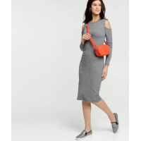 Vestido Feminino Open Shoulder Manga Longa Cinza Mescla Vestido Feminino Open Shoulder Manga Longa Cinza Mescla
