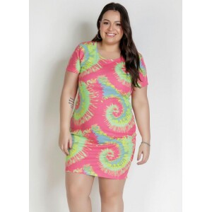 Vestido Curto Tie Dye Neon Plus Size Vestido Curto Tie Dye Neon Plus Size