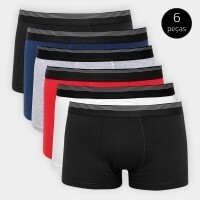 Kit Cueca Boxer UNW Elástico Listras 6 Peças - Branco e Vermelho Kit Cueca Boxer UNW Elástico Listras 6 Peças - Branco e Vermelho