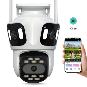 P15 Câmera IP WiFi iCsee com lente tripla e três telas Câmera PTZ de segurança externa com detecção AI e seguranç
