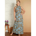 Imagem da oferta Vestido Longo Azul Folhagem com Gola Alta