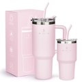 Imagem da oferta Kit Copos Térmicos 1,18L + 591ml com Canudo, Tampa e Alça, Rosa Claro