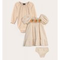 Imagem da oferta Kit Vestido Com Calcinha + Body Manga Longa Bebê Menina Bordado 3 Peças - Bege