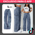 Imagem da oferta Calça Cargo Jeans Wide Leg Feminina 100% Algodão Cintura Alta e Bolsos
