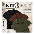 Imagem da oferta Kit 3 Blusa Feminina Gola Polo Canelada Básica Casual Lisa Preto, Marrom E Verde Liso Pm (3642)