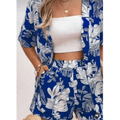 Imagem da oferta Conjunto Short com Elastico na Cintura e Cardigan Estilo Floral Manga Médio Lançamento Verão