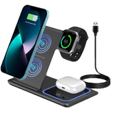 Imagem da oferta Carregador Sem Fio Rápido 3 em 1 LED 15W Suporte Dobrável para iPhone 17-11 Apple Watch 9 8 7 6 5 e Airpods Pro
