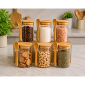 Imagem da oferta Kit 6 Potes De Vidro Herméticos 200ml Com Tampa De Bambu E Colher Porta Mantimentos Café Açúcar Temperos Grãos Organizadores Cozinha