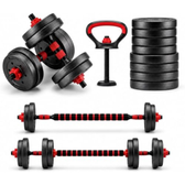 Imagem da oferta Halteres Ajustáveis Kit 6 Em 1 Até 15 Kg Com Barra Longa, Anilhas, Kettlebell E Apoio Para Flexão — Halter Para Treino De Força, Musculação, A