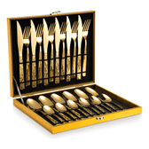 Imagem da oferta Eps-158 Kit Faqueiro Dourado Luxo Jogo Talheres Inox 24pçs + Maleta