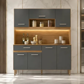Imagem da oferta Kit Armário Gabinete Cozinha 7 Portas E 1 Gaveta Organizador Magazine Design Moderno Organizador Cor Freijó Chumbo