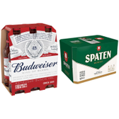 Imagem da oferta Kit Cerveja Budweiser Long Neck 330ml Pack 6 unidades + Cerveja Spaten Lata Sleek 350ml Pack 12 Unidades
