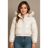 Imagem da oferta Jaqueta Puffer Cropped Couro Forrada Capuz Pelinho Feminina