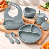 Imagem da oferta Kit Alimentação Bebê de Silicone com Babador Bowl Prato Copo Talheres