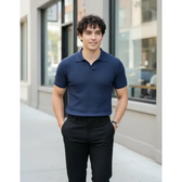 Imagem da oferta Camiseta Gola Polo Masculina Minimalista Tecido Texturizado Azul-marinho Liso G Texturizado