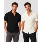 Imagem da oferta Kit 2 Camisas Masculinas Gola Cubana Texturizada Manga Curta