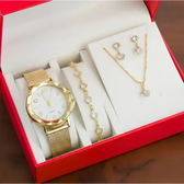Imagem da oferta Kit Relógio Feminino Colar Brinco Pulseira Folheado Presente Dourado